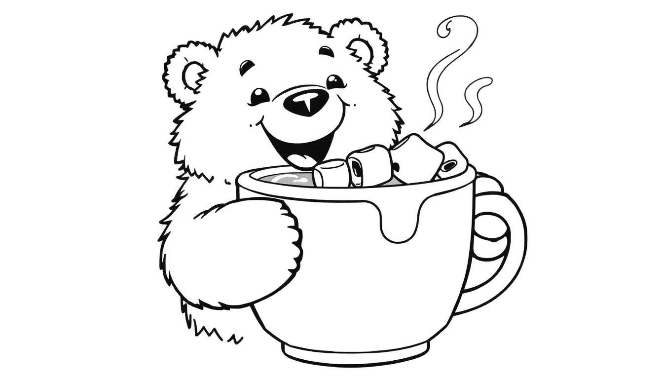 A happy bear enjoying hot chocolate with marshmallows, a black and white color panel.