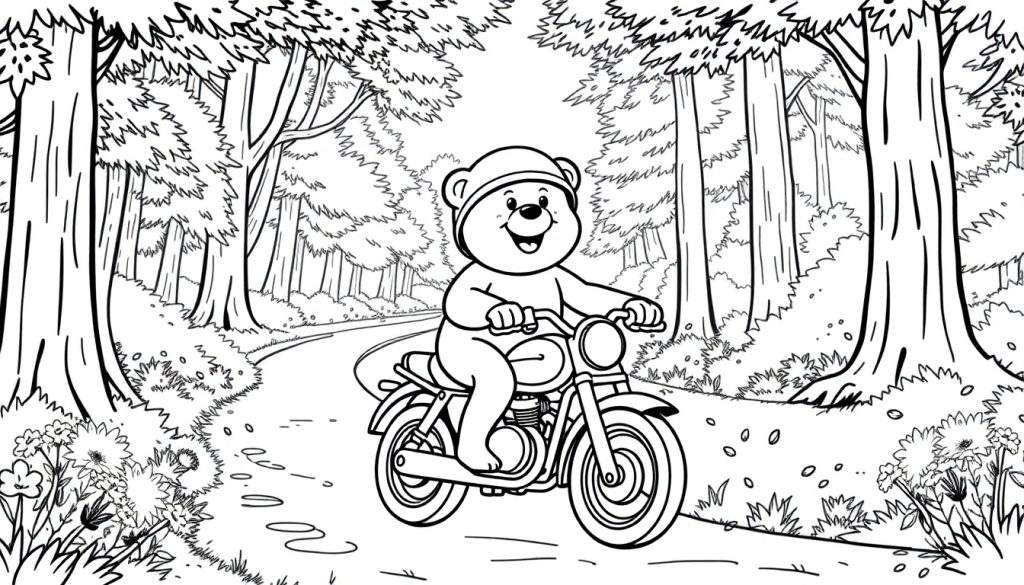 A black and white cartoon of a bear on a motorcycle in a forest, ready for coloring. This color panel shows a cheerful bear.