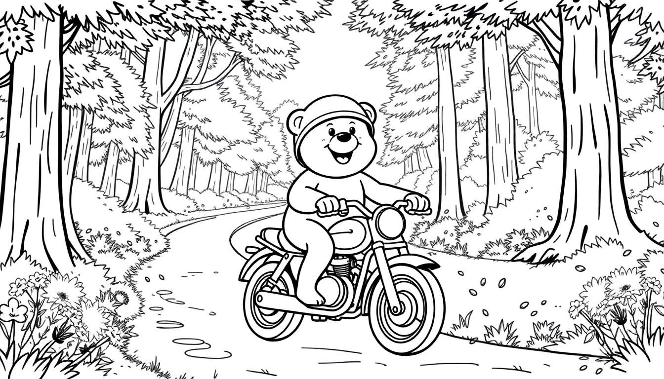 A black and white cartoon of a bear on a motorcycle in a forest, ready for coloring. This color panel shows a cheerful bear.