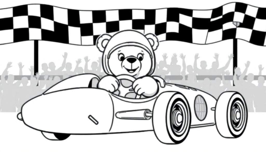 A cartoon bear in a racing helmet driving a black and white race car, with cheering crowds and checkered flags in the background, part of a color panel.