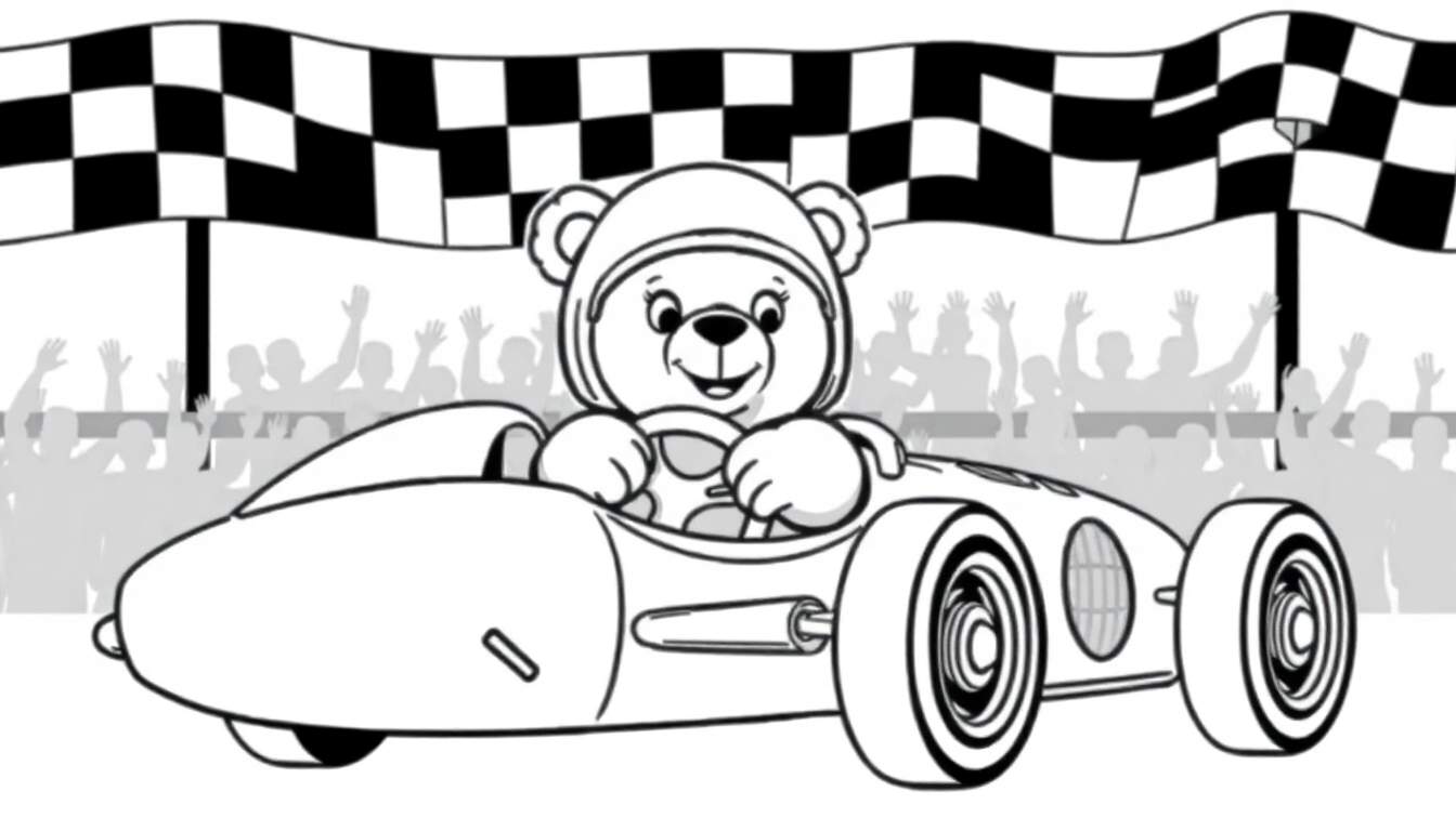A cartoon bear in a racing helmet driving a black and white race car, with cheering crowds and checkered flags in the background, part of a color panel.