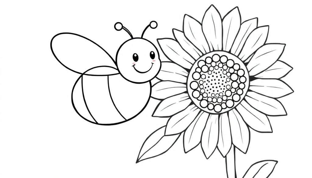 A cute black and white drawing of a bee with a smile and wings next to a sunflower, ready for a color panel.