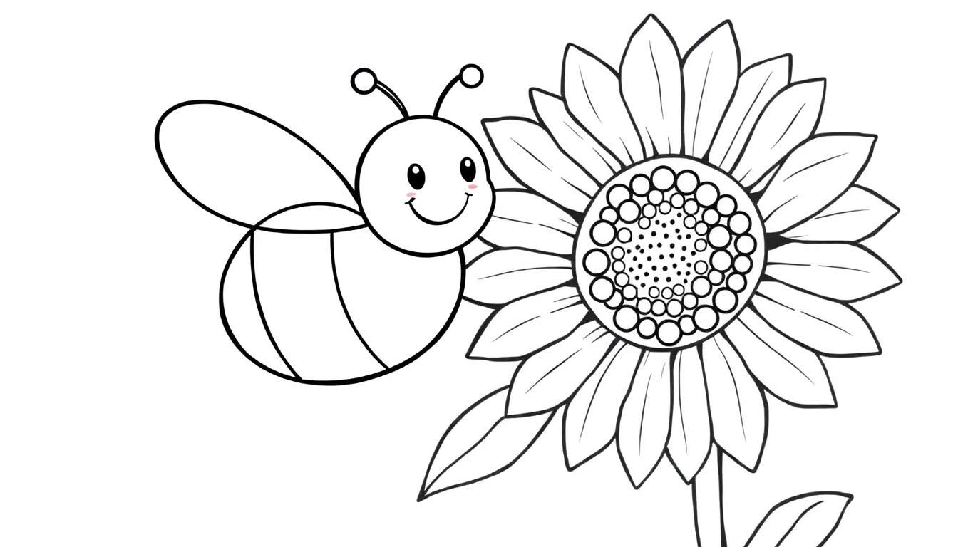 A cute black and white drawing of a bee with a smile and wings next to a sunflower, ready for a color panel.
