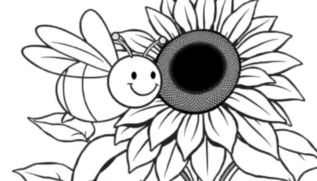 A black and white line drawing color panel of a happy bee next to a sunflower.