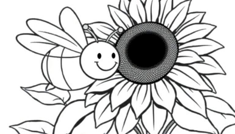 A black and white line drawing color panel of a happy bee next to a sunflower.