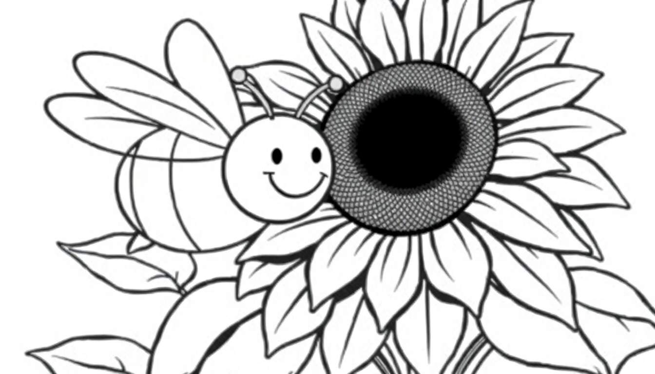 A black and white line drawing color panel of a happy bee next to a sunflower.