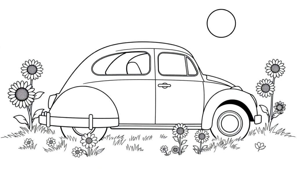 A black and white color panel illustration of a Volkswagen Beetle in a field of sunflowers with a sun. This color panel is perfect for little artists!