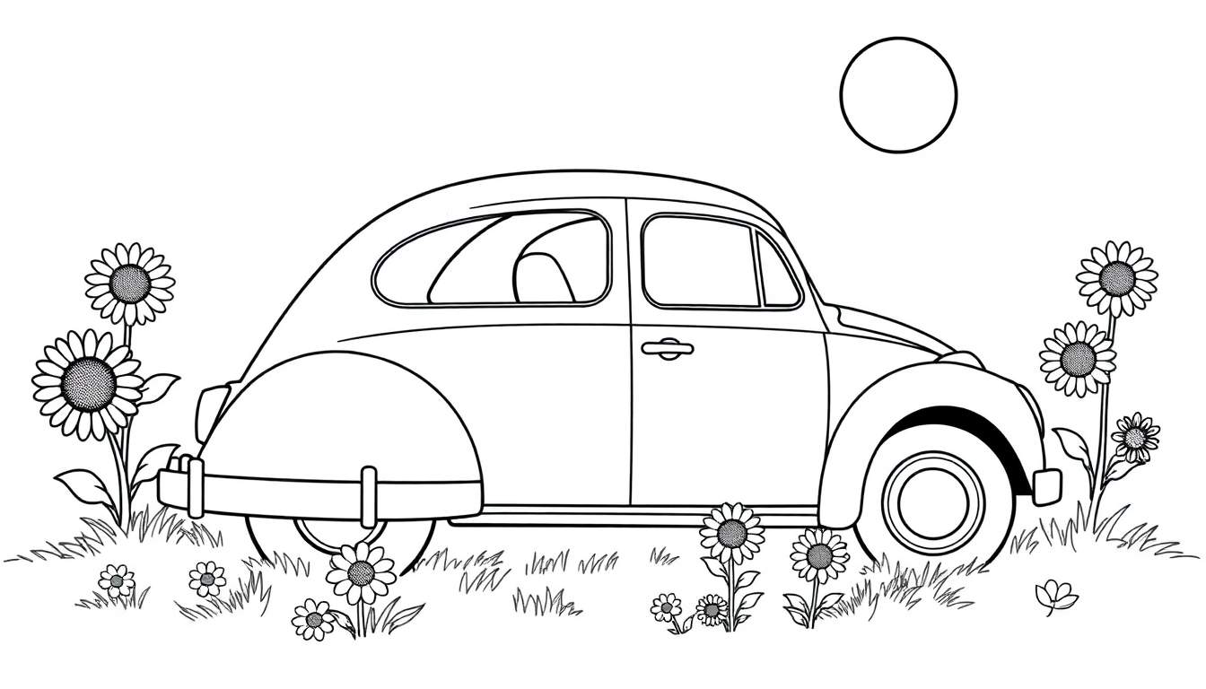 A black and white color panel illustration of a Volkswagen Beetle in a field of sunflowers with a sun. This color panel is perfect for little artists!