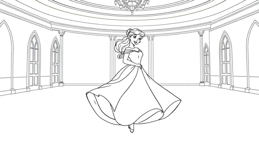 Black and white color panel of Belle in her yellow ballgown dancing in the enchanted castle ballroom.