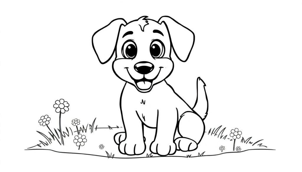 A cute black and white cartoon of Bentley the dog, a lovable pup with big happy eyes and floppy ears, sitting in a field of flowers, ready for a color panel adventure.