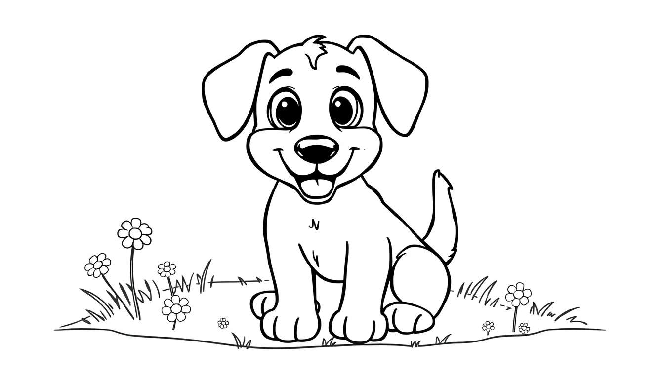 A cute black and white cartoon of Bentley the dog, a lovable pup with big happy eyes and floppy ears, sitting in a field of flowers, ready for a color panel adventure.