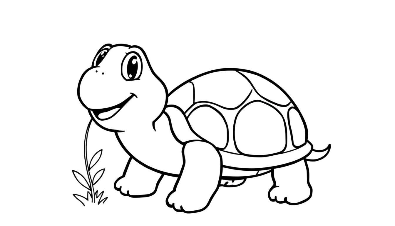 A happy cartoon turtle, Bentley, smiling and holding a little flower in his flipper, on a black and white color panel.