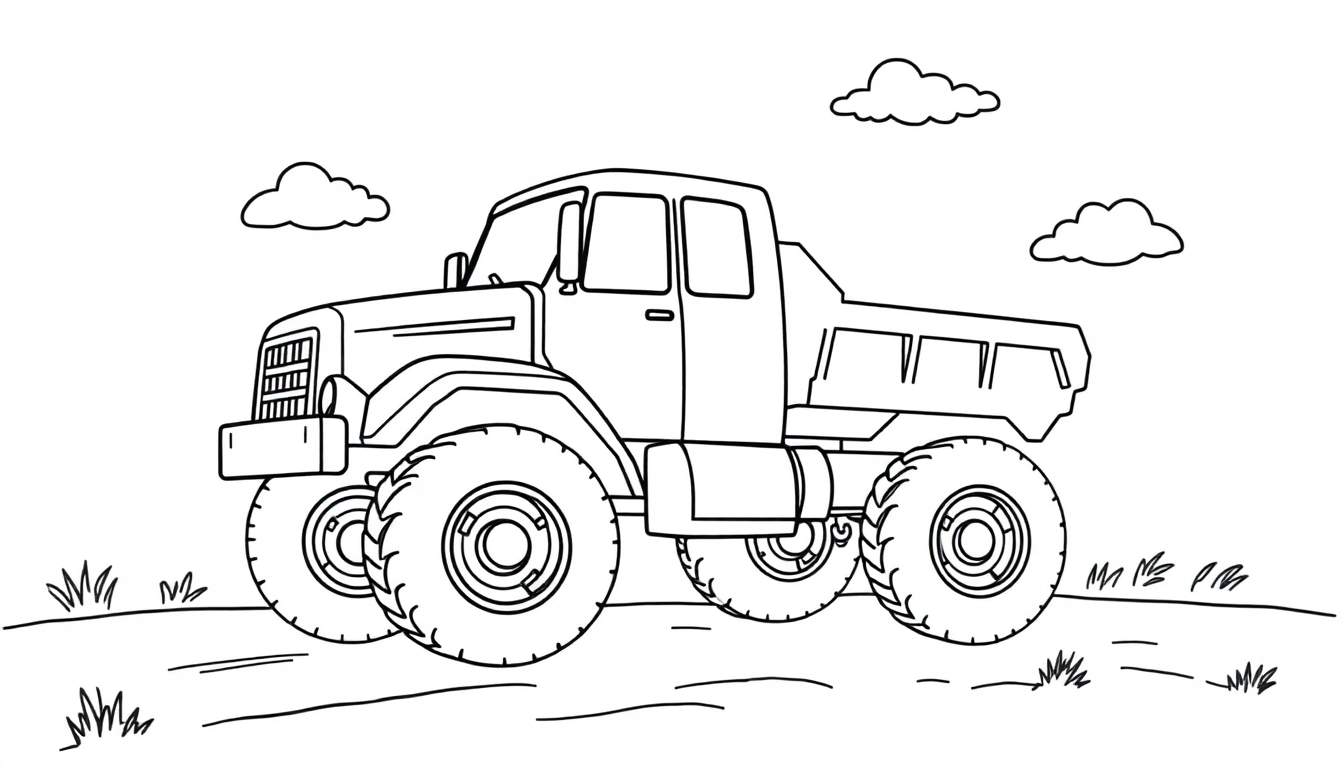 A happy big red toy truck, ready for adventures! Black and white coloring page color panel.