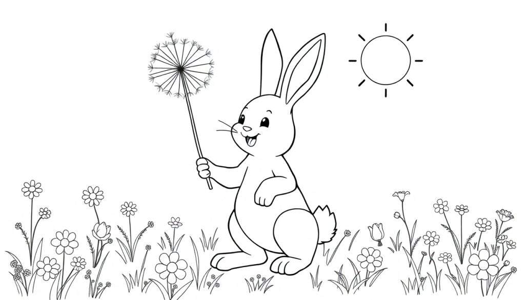 Bing bunny, a black and white outline for a color panel, stands on hind legs holding a dandelion in a sunny meadow with flowers.