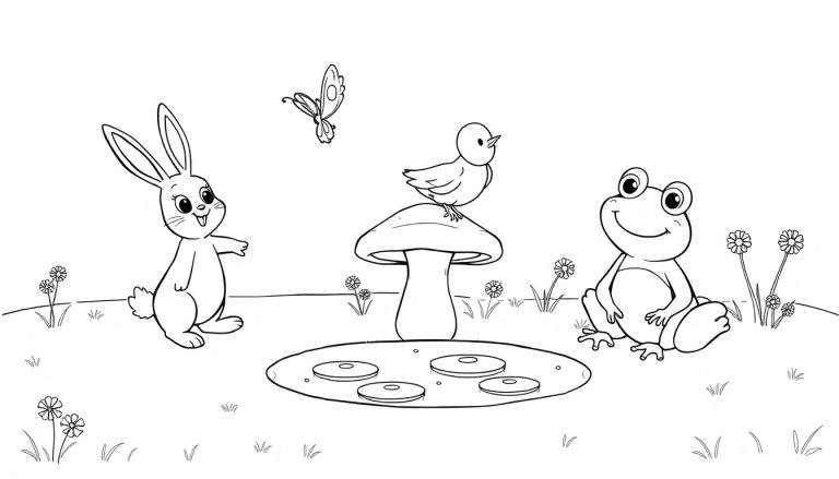 A cute black and white coloring page, a color panel featuring Bing the bunny, Sula, and Flop playing in a park. It includes a bunny, a bird on a mushroom, a pond with lily pads, a frog, flowers, and grass, all in a cheerful color panel design.