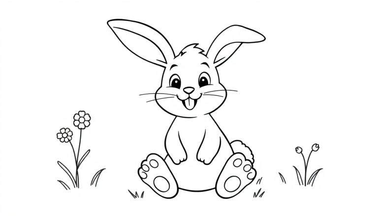 A cute black and white drawing of Bing the bunny, a coloring panel, with big ears and a fluffy tail, sitting in a field of flowers.