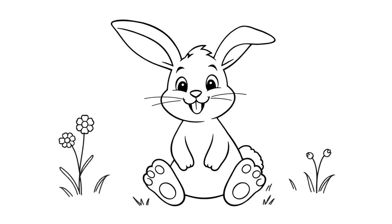 A cute black and white drawing of Bing the bunny, a coloring panel, with big ears and a fluffy tail, sitting in a field of flowers.