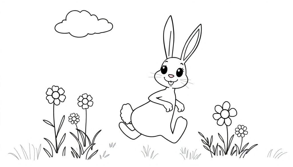 A happy cartoon rabbit with its tongue out, hopping through a field of flowers, in a black and white color panel.