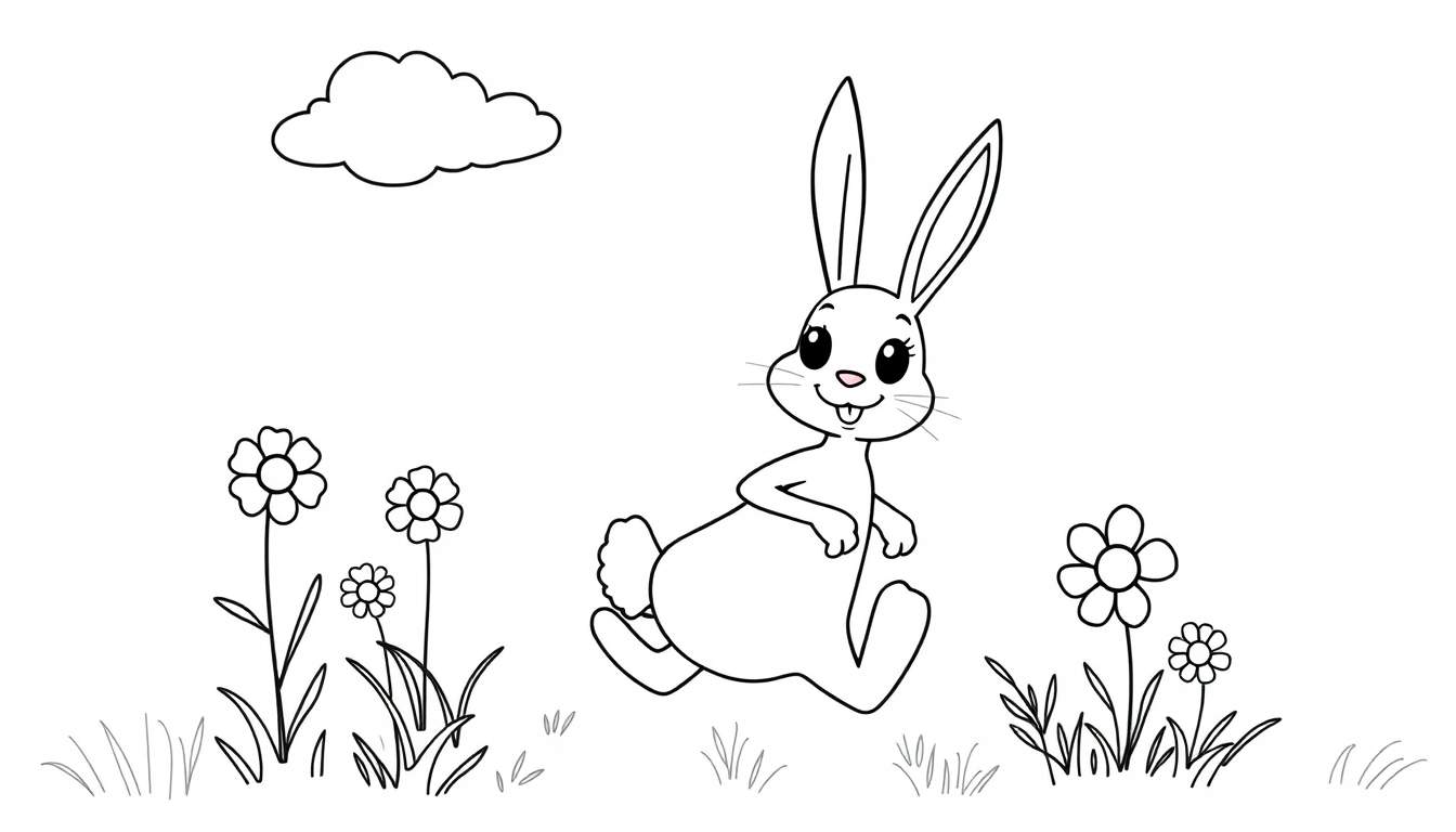 A happy cartoon rabbit with its tongue out, hopping through a field of flowers, in a black and white color panel.
