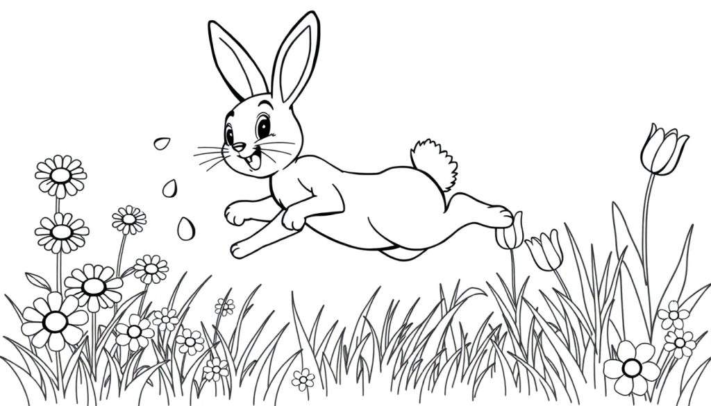 A black and white line art cartoon bunny mid-jump over a flower field, ready for coloring. This is a fun color panel.