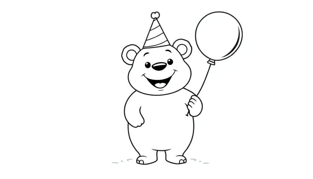 A happy bear in a party hat holding a balloon, ready for a coloring fun color panel.