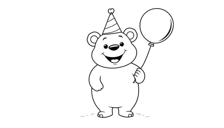 A happy bear in a party hat holding a balloon, ready for a coloring fun color panel.