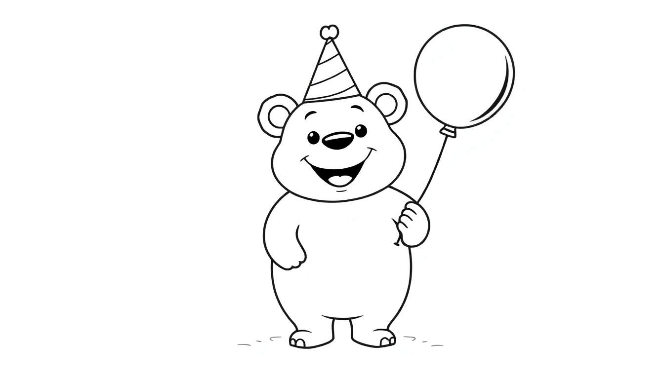 A happy bear in a party hat holding a balloon, ready for a coloring fun color panel.