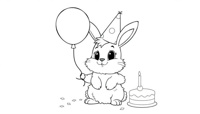 A cute bunny celebrating with a balloon and cake, ready for a color panel.