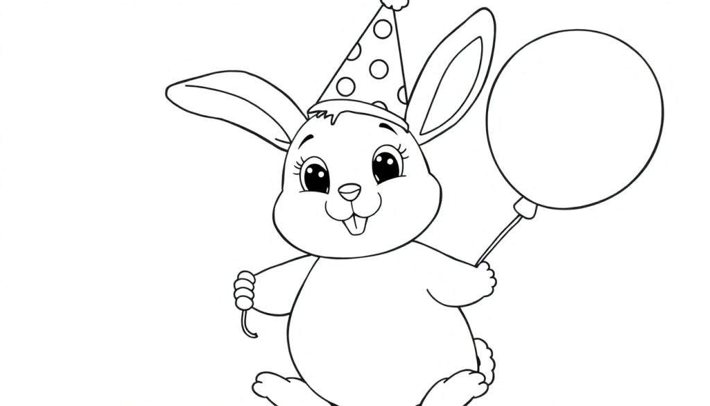 A cute black and white bunny in a party hat holding a balloon, ready for a color panel.