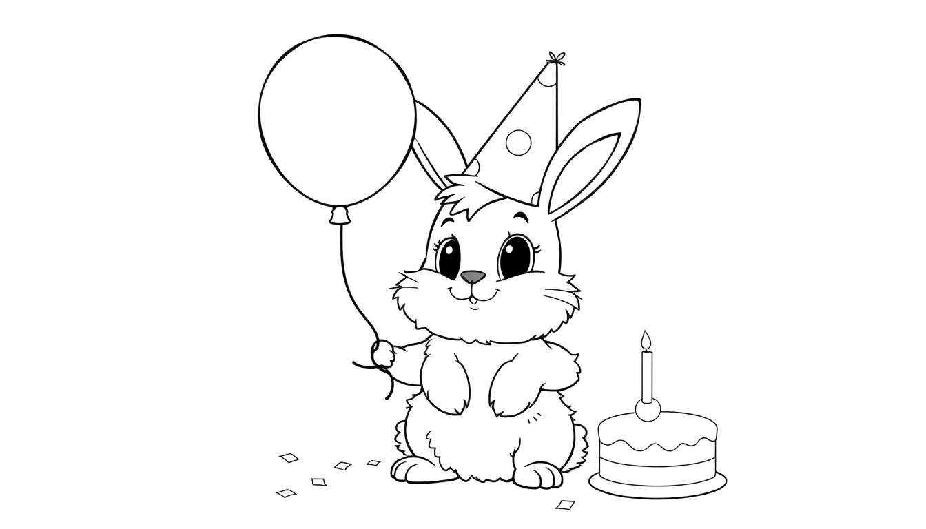 A cute bunny celebrating with a balloon and cake, ready for a color panel.
