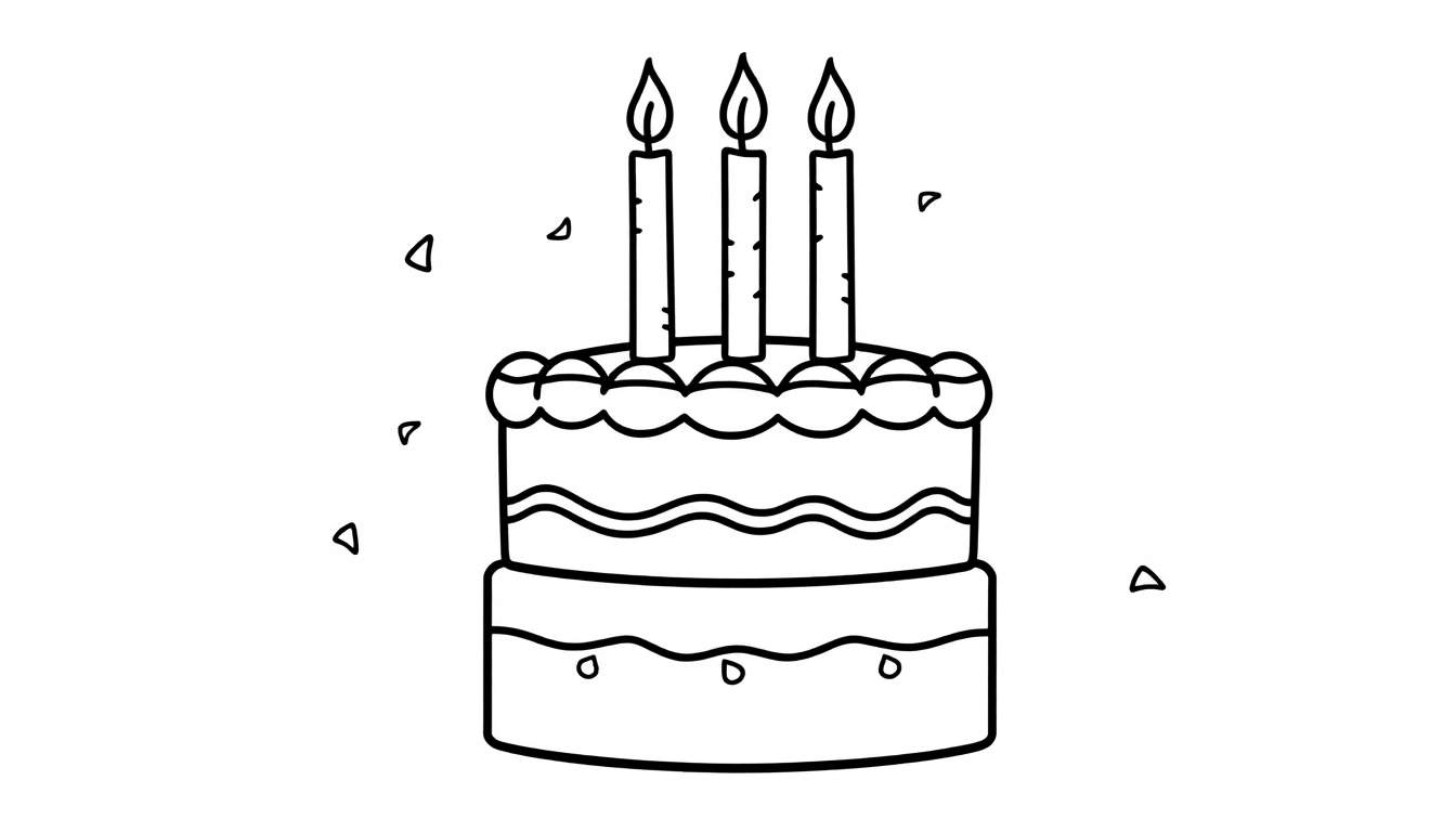 A cute black and white outline of a birthday cake with candles, ready for kids to color and celebrate! This color panel is a fun way to get ready for a party.