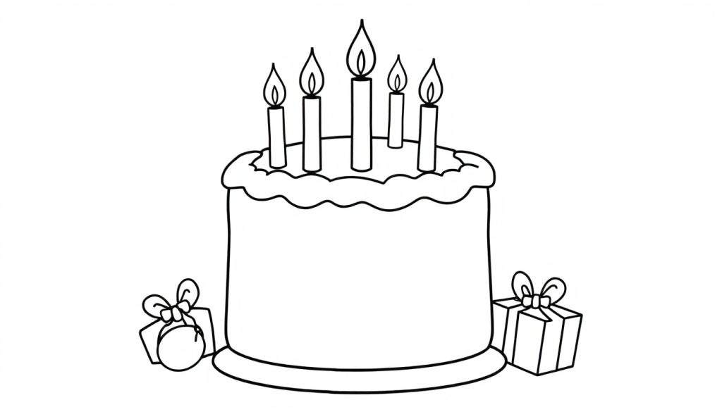 Black and white color panel of a birthday cake with five candles and presents.