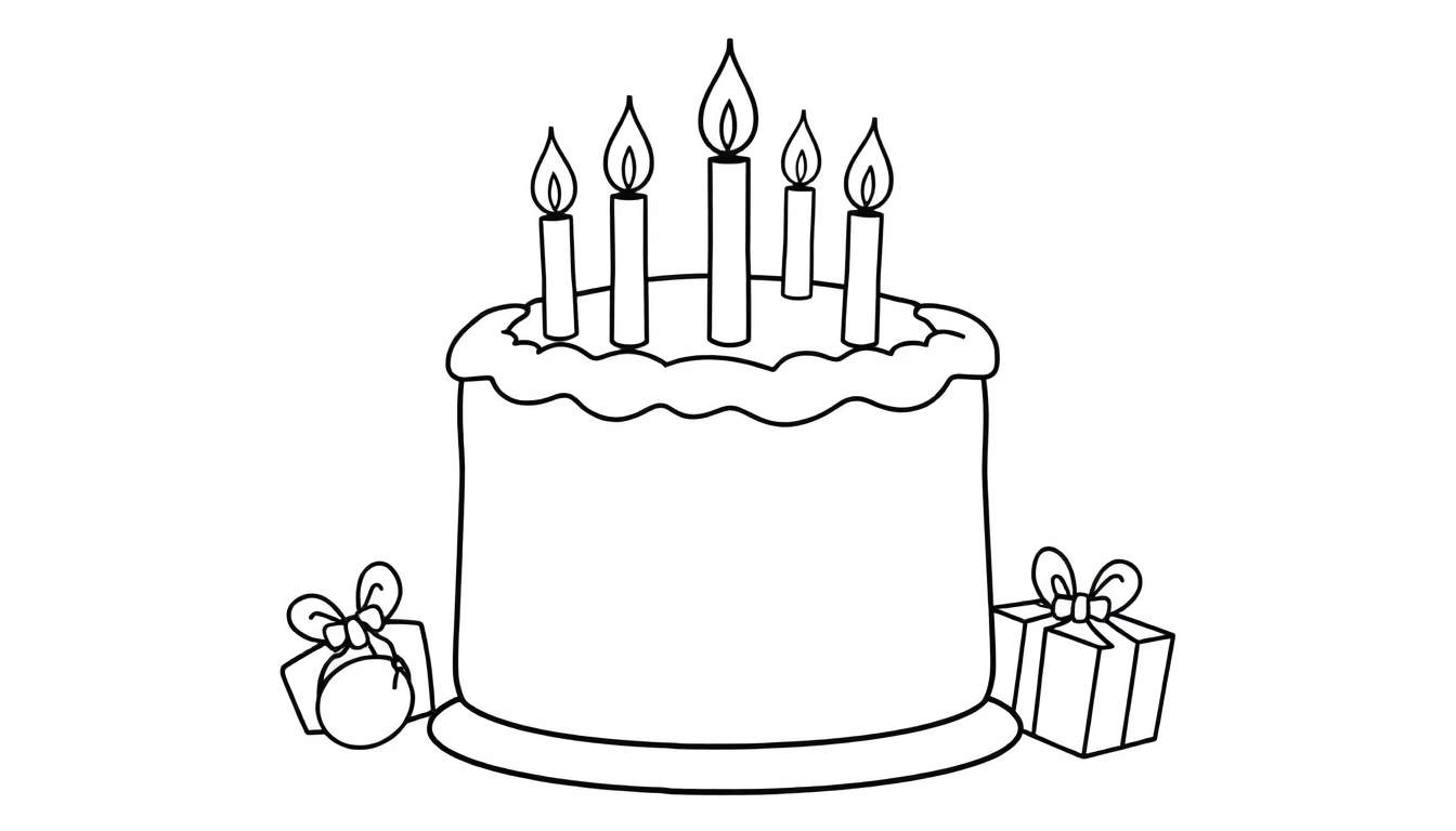 Black and white color panel of a birthday cake with five candles and presents.