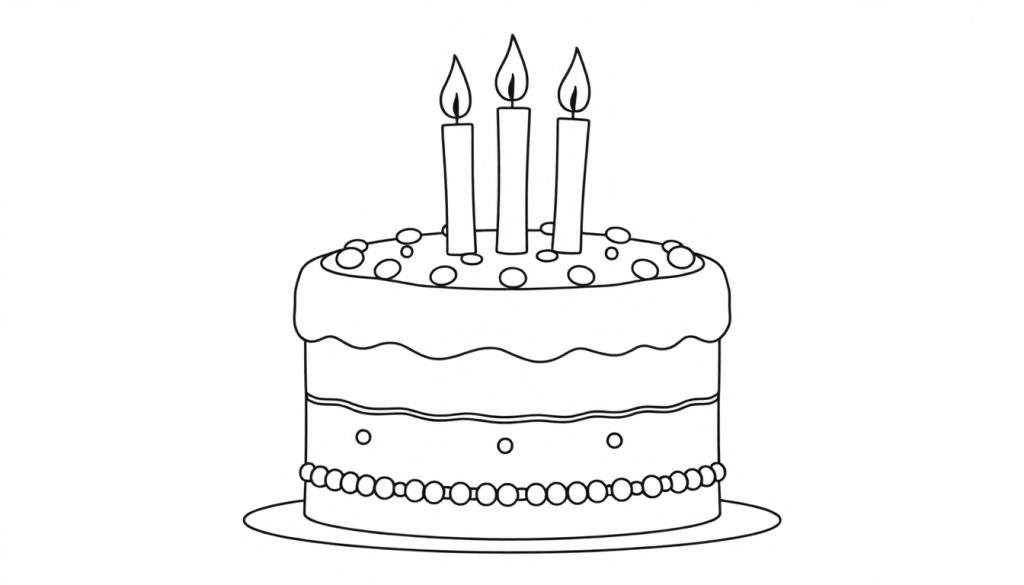 A black and white drawing of a three-tiered birthday cake with three candles on top, decorated with dots and beads, ready for coloring. A fun color panel awaits!