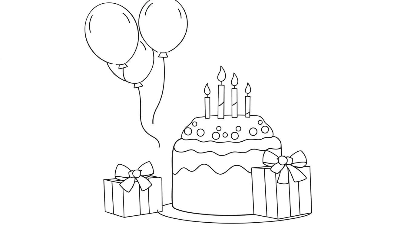 A black and white birthday scene color panel with a two-tiered cake, five candles, three balloons, and two presents.