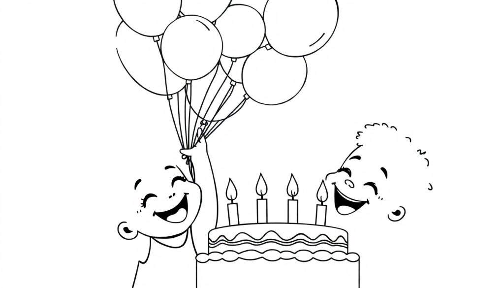 A black and white cartoon of two children celebrating a birthday, ready for the color panel.