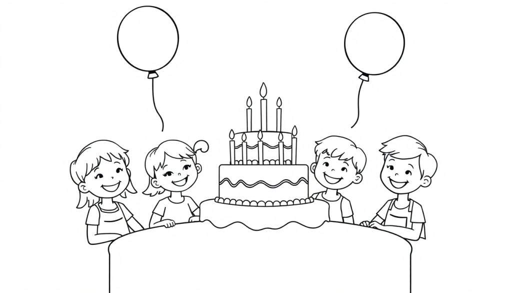 A black and white color panel of happy kids gathered around a birthday cake.