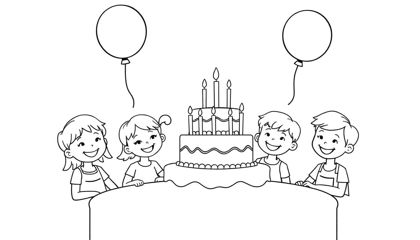 A black and white color panel of happy kids gathered around a birthday cake.