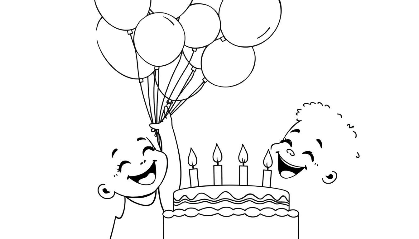 A black and white cartoon of two children celebrating a birthday, ready for the color panel.