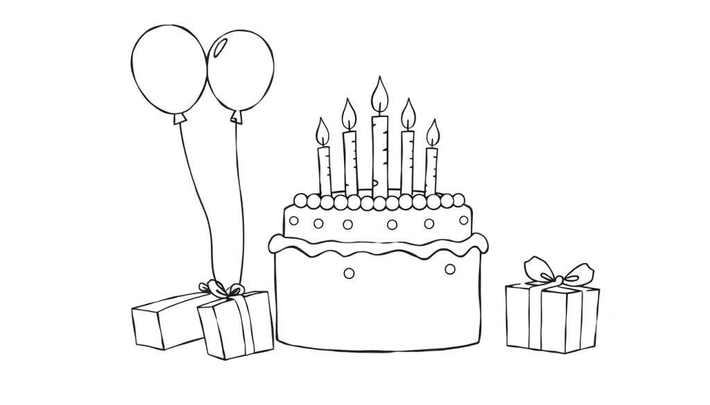 A birthday cake coloring panel with candles and presents.
