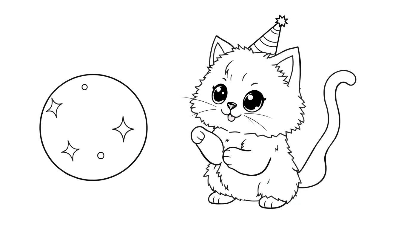 Black and white color panel of a cute kitten in a birthday hat.