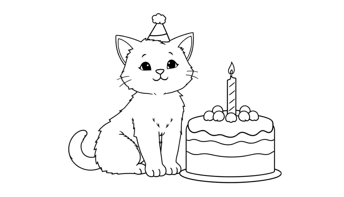 A cute black and white kitten wearing a party hat and sitting next to a birthday cake, a black and white color panel.