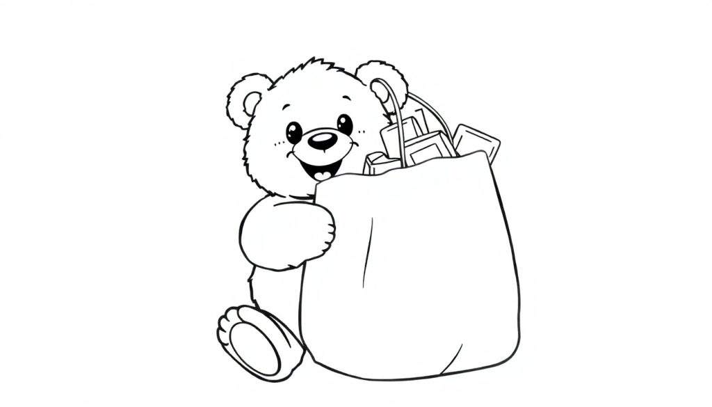 A cheerful teddy bear holding a shopping bag, ready for Black Friday fun, on a color panel.