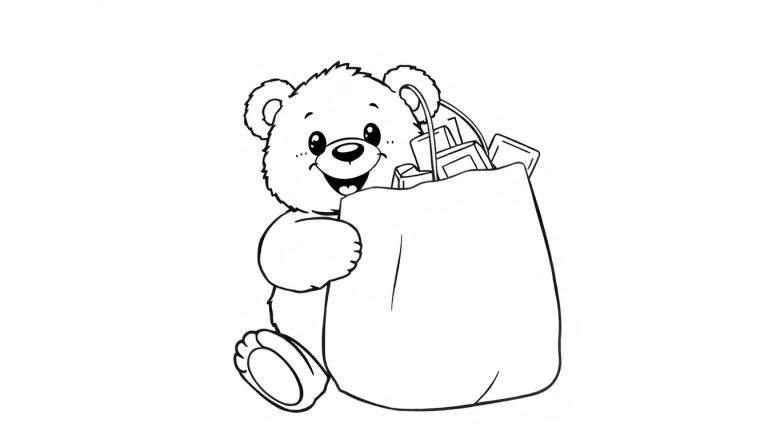 A cheerful teddy bear holding a shopping bag, ready for Black Friday fun, on a color panel.