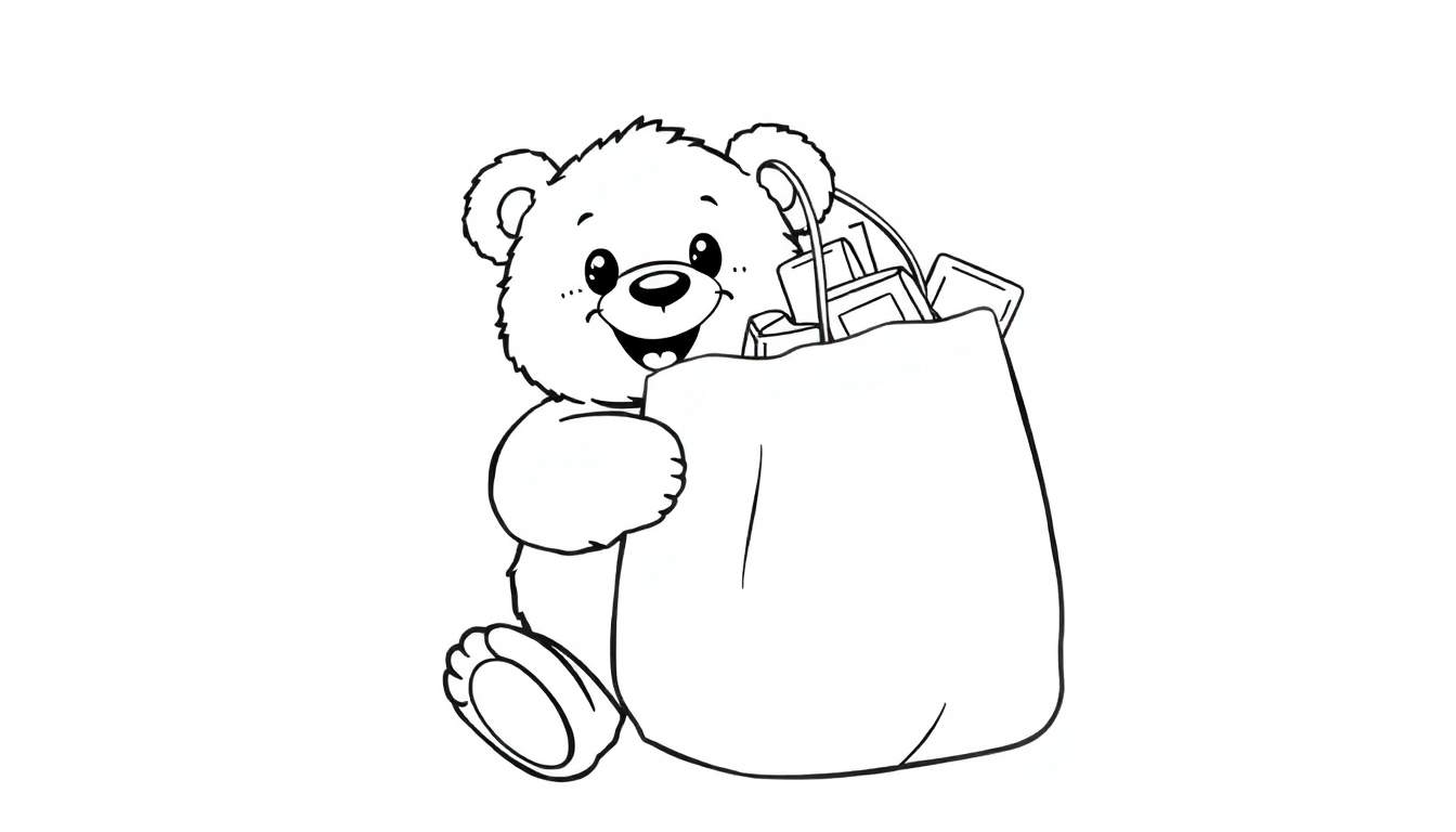 A cheerful teddy bear holding a shopping bag, ready for Black Friday fun, on a color panel.