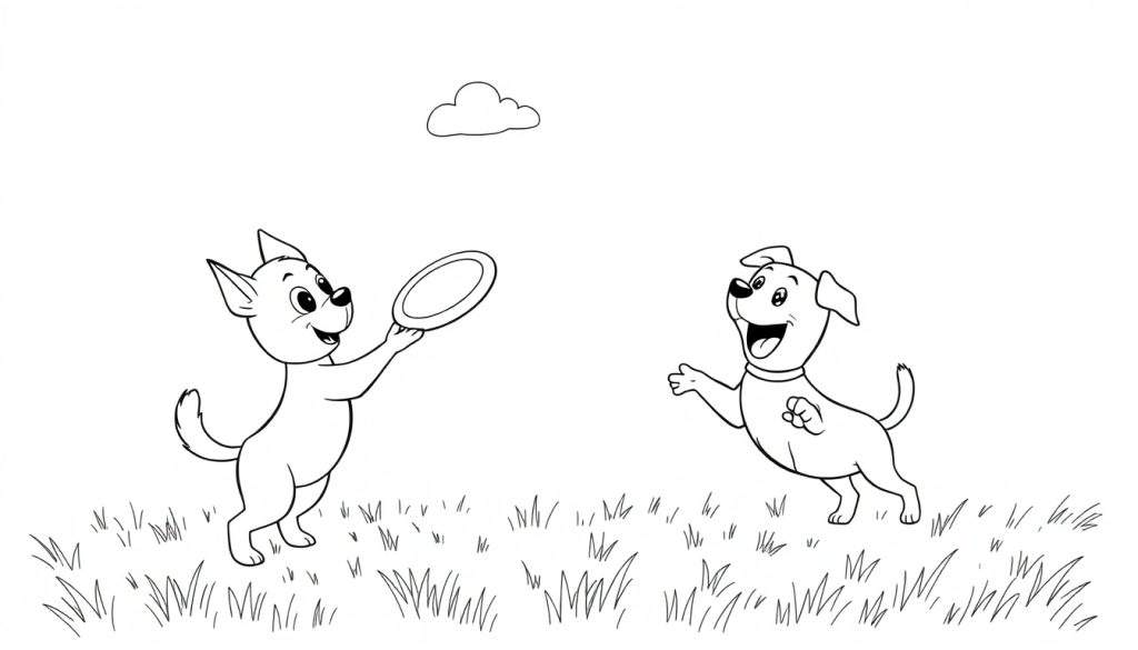Bluey ready to throw a frisbee for Bingo, a black and white color panel.