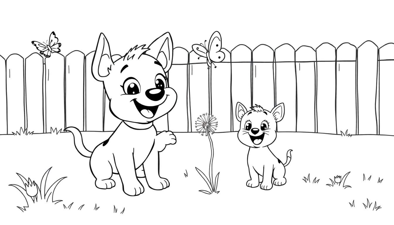A black and white coloring page of two dogs, one big and one small, in a grassy yard with a dandelion and butterflies. This is a fun color panel for kids.