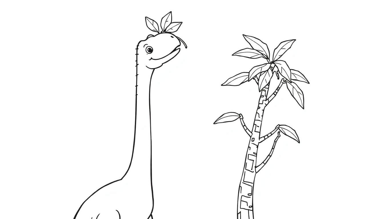A friendly Brachiosaurus with leaves on its head, next to a tree, in a black and white color panel for kids.