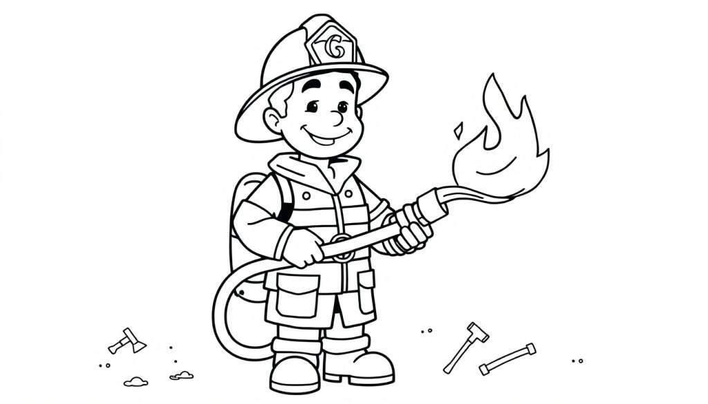 A black and white illustration of a smiling young firefighter holding a hose with a gentle flame, ready for a coloring panel.