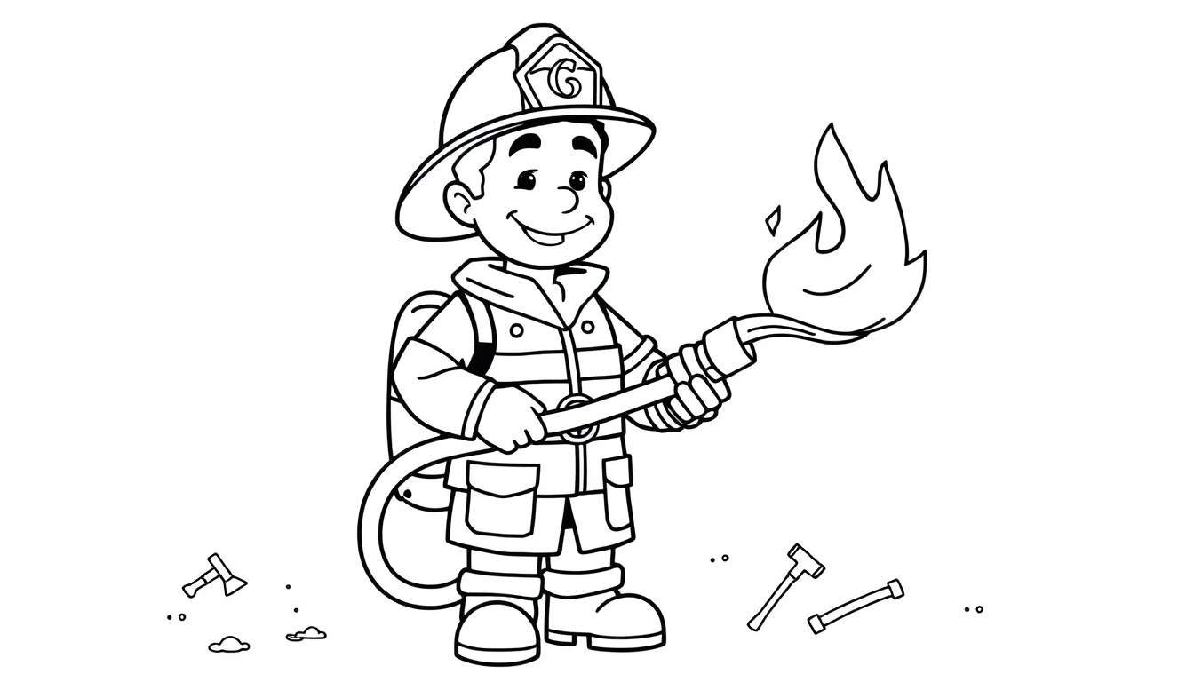 A black and white illustration of a smiling young firefighter holding a hose with a gentle flame, ready for a coloring panel.